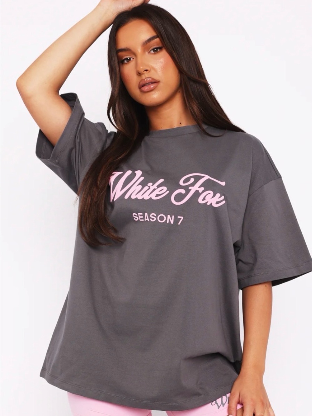White Fox Season 7 Oversized Graphic Tee - Charcoal with Pink Logo